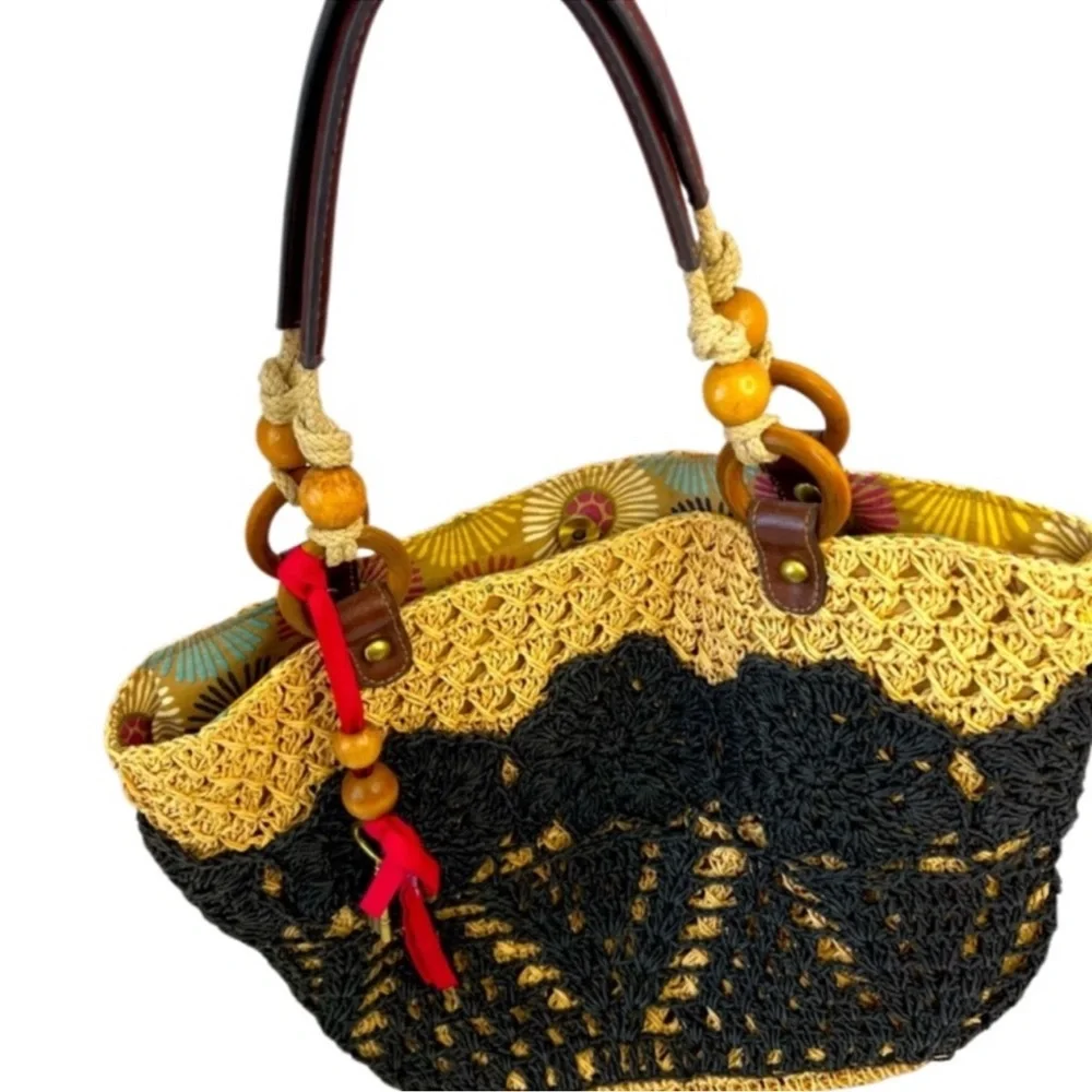 Vintage Fossil Crochet Straw Handbag with Wood Handles accents